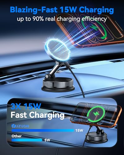 15W MagSafe Car Mount Charger, Magnetic Wireless Car Charger with Vacuum Suction Cup & Nano Adhesive Base, 360° Rotatable Strong Hold Car Phone Mount for iPhone 17 16 15 14 13 12 Series, Samsung S26
