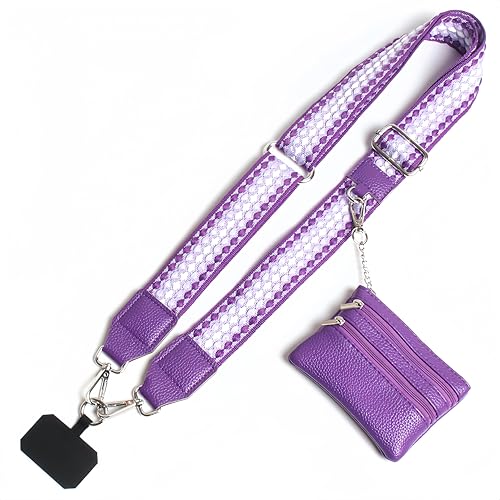 Phone Strap with Zippered Pouch, Clip and Go Strap for Phone with Wallet Crossbody - color: Dark Purple-wave Point