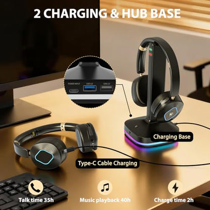 Bluetooth Headset with Microphone, Wireless Headset AI Noise Cancelling, Dual-Mode Bluetooth 6.0 & 2.4G Dongle, Wireless Headphones for 45H Work RGB/HUB Base, Meeting/Office/PC/Phone/Teams/Zoom