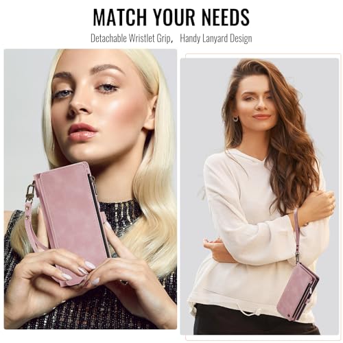 Defencase for Samsung Galaxy Z Fold 6 Wallet Case with Card Holder, Pink | Durable Soft PU Leather, RFID Blcking Zipper Pocket, with S-Pen Holder & Strap, Flip Phone Cases with Stand for Women Men - color: Airy Rose Pink