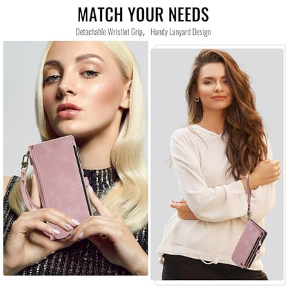 Defencase for Samsung Galaxy Z Fold 6 Wallet Case with Card Holder, Pink | Durable Soft PU Leather, RFID Blcking Zipper Pocket, with S-Pen Holder & Strap, Flip Phone Cases with Stand for Women Men - color: Airy Rose Pink