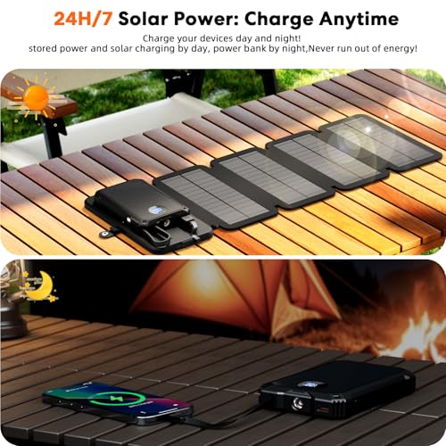 YELOMIN Solar Charger Power Bank 5000mAh with 4 Foldable Panels & 2 Built-in Cables, Wireless Portable Charger, Outdoor External Battery Pack with USB-C in/Output & SOS Flashlight for Camping Hiking
