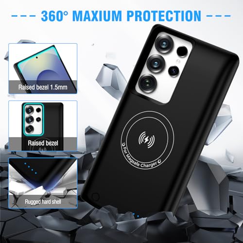 S25 Ultra Battery Charging Case, 10000mAh Portable Rechargeable Wireless Charging Case for Samsung Galaxy S25 Ultra 5G(6.9 inch), Protective Extended Battery Pack Charger Cover - Black