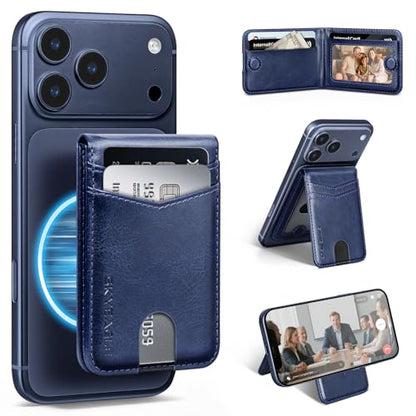 RFID Blocking MagSafe Wallet Stand with Card Holder,5 Card Slots & ID Window,PU Leather Magnetic Phone Adjustable Kickstand for iPhone 12/13/14/15/16/17 Pro Max & Air Plus Series,Blue - color: Blue, style: Stand Wallet