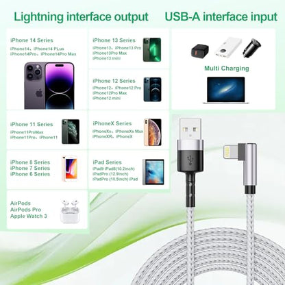 3Pack Right Angle Short Lightning iPhone Charge Cable, 90 Degree Apple Lightning Cable 15cm+30cm+30cm, Nylon Braided Sync Data Charger Cord for iPhone 14/13/12/11 Pro Max 8 7 Plus-Grey