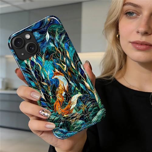 Case Compatible with iPhone 13 14, Cute Dual Layer Hybrid Phone Cover, Military Grade Drop Protection, Aesthetic Shockproof Phone Case for Women Girls, Woodland Fox Stained Glass - color: Woodland Fox Stained Glass, size: Iphone 13/14