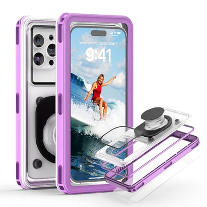 APRUT Waterproof Phone Pouch Case 7.5", 2025 Upgraded IPX8 Waterproof Phone Case for Snorkeling, Universal Fit for iPhone 16 Pro Max 15 14 13, Galaxy S25, Beach Vacation Essentials (Purple) - color: Purple