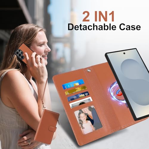 Magnetic Case for Samsung Galaxy S25 Fe Wallet Compatible with Magsafe RFID Blocking Card Holder Detachable Phone Cover Kickstand Snap Strap Zipper Pocket PU Leather (Brown) - color: Brown, size: Galaxy S25 Fe