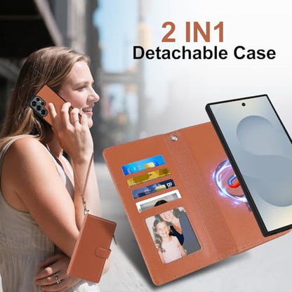 Magnetic Case for Samsung Galaxy S25 Fe Wallet Compatible with Magsafe RFID Blocking Card Holder Detachable Phone Cover Kickstand Snap Strap Zipper Pocket PU Leather (Brown) - color: Brown, size: Galaxy S25 Fe