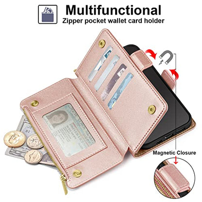 Antsturdy for iPhone 14 Plus Phone Wallet Case Women,Rose Gold | RFID Blocking,with Credit Card Holder Slots,PU Leather Purse,Zipper Pocket,Wrist Strap Kickstand,Flip Folio Cover for Men - color: Rose Gold