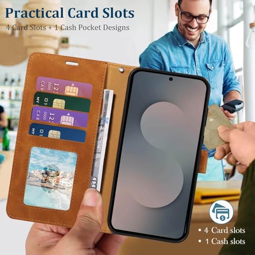 RFID Blocking for Samsung Galaxy S25 FE Case Wallet (Brown) | 4 Card Slots, Soft PU Leather, TPU Inner Shell, Wrist Strap, Stand, Magnetic Folio Flip Cover, Shockproof Protective - color: Brown