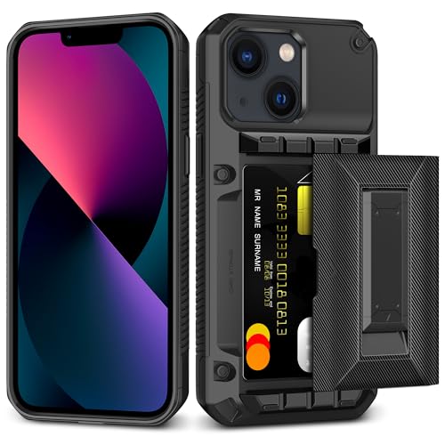 SAMONPOW for iPhone 13 Case with Card Holder [4 Cards] & Kickstand, Black - size: for iPhone 13