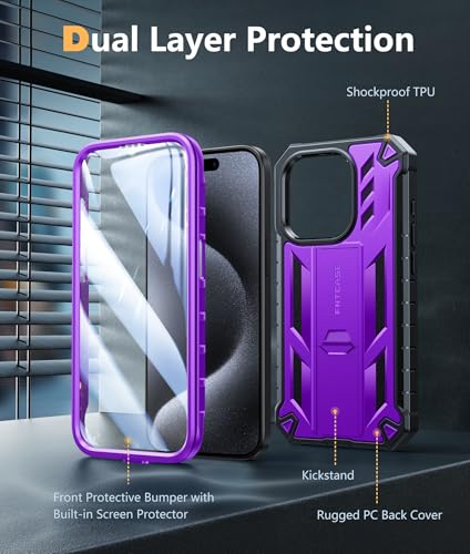 FNTCASE for iPhone 15 Pro Case, Built-in Screen Protector, Kickstand Purple | Military-Grade Drop Protection, Anti-Slip Matte Textured, Rugged Heavy Duty Shockproof TPU Protective Cover - color: Purple