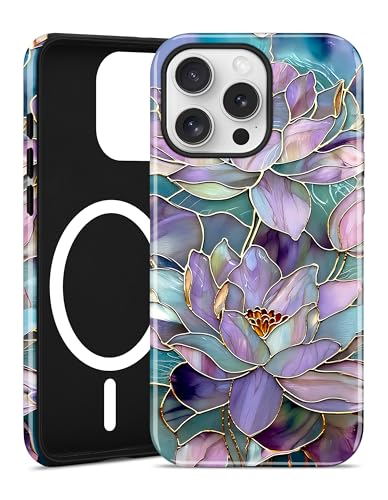Magnetic Flower Phone Case for iPhone 17 Pro, Purple Water Lily | Compatible with MagSafe, Cute Stained Glass Floral Aesthetic, TPU and PC Shockproof Protective Phone Cover for Women Girls - color: Purple Water Lily