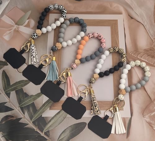 Phone Lanyard Silicone Beaded Phone Wrist Strap Cute Elastic Cell Phone Wristlet Chain Bracelet with 2 Tether Tab - color: Black