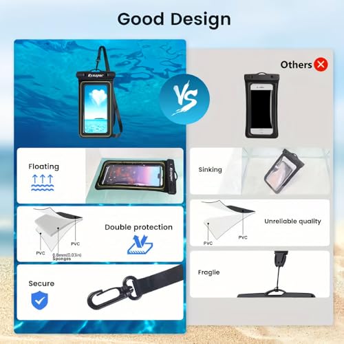 Floating Waterproof Phone Pouch with Lanyard, Universal Case Fits Up to 6.8 Inch Phones, IPX8, for Swimming, Boating, Kayakin, Black