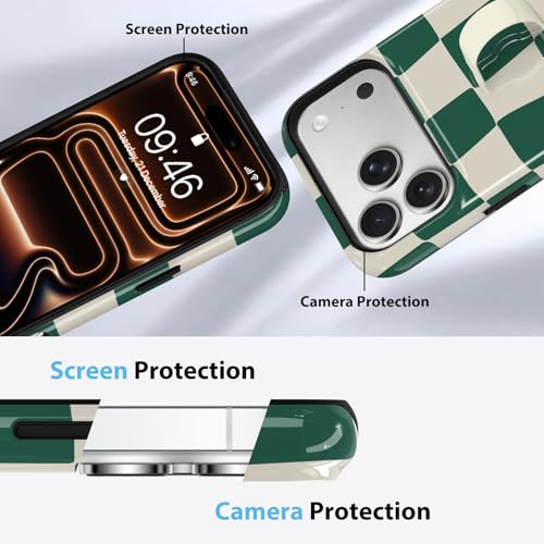 KANGHAR Compatible with iPhone 17 Pro Max Case Checkered -Green White | Silicone Cute Pattern, Finger Hold Wristband Kickstand Camera Protection Soft Slim Phone Case for Girls Women - color: (Checkered)Green White, size: iPhone 17 Pro Max