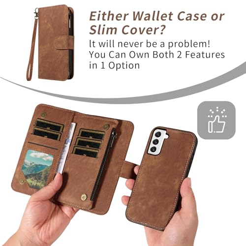 Asuwish Phone Case for Samsung Galaxy S22 5G Zipper Wallet Detachable Magnetic Cover with Tempered Glass Screen Protector Crossbody Lanyard Strap Card Holder S 22 22S 4G G5 6.1 inch Women Girls Brown - color: Brown