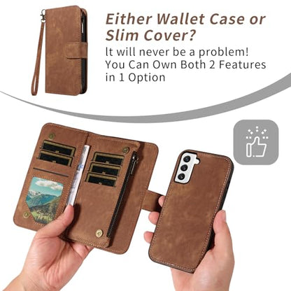 Asuwish Phone Case for Samsung Galaxy S22 5G Zipper Wallet Detachable Magnetic Cover with Tempered Glass Screen Protector Crossbody Lanyard Strap Card Holder S 22 22S 4G G5 6.1 inch Women Girls Brown - color: Brown