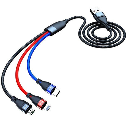 3 in 1 Fast Charging Cable with Micro USB, USB-C, and Lightning Connector Compatible with iPhone and Android, Nylon Braided, Black