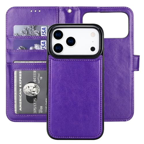 Bocasal Detachable Wallet Case Card Holder for iPhone 17 Pro Max Purple | RFID Blocking Kickstand Card Slots Holder PU Leather Magnetic Shockproof Wrist Strap Removable Flip Protective Cover 6.9 inch - color: Purple