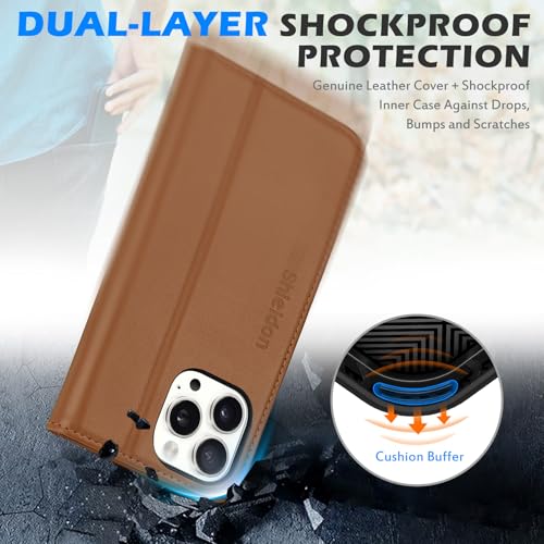 SHIELDON Real Leather Case Wallet for iPhone 16 Pro Max 6.9", Saddle Brown | Flip Magnetic Cover, RFID Blocking, Credit Card Slot, Kickstand, Book Design, Soft Shockproof Phone Shell - color: Saddle Brown