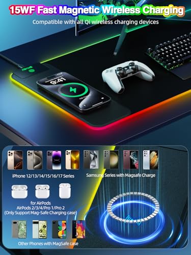Magnetic Charging Mouse Pad, 31.5x11.81 Inch XL Gaming Mousepad, 11+5 RGB Lighting Modes, Home Office Large Desk Pad with Ultra-Smooth Surface, Non-Slip, Waterproof Keyboard Pad Classic Black Desk Mat - color: 31.5x11.81"-Black Left Upgraded Magnetic