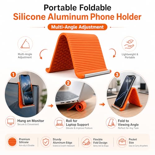 2PCS Portable Foldable Silicone Aluminum Phone Stand, Bendable Core Foldable Rollable Phone Holder - Flexible iPhone Stand for Long Travel Accessories - Plane Essentials (Orange)