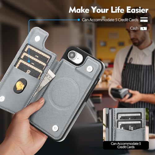 SkyEagle Compatible with MagSafe iPhone 17e / 16e Case Wallet,Titanium Grey | Magnetic Clasp,RFID Blocking,PU Leather,Flip Folio Shockproof Phone Cover,with Credit Card Slots & Kickstand for Men & Women - color: Titanium Grey