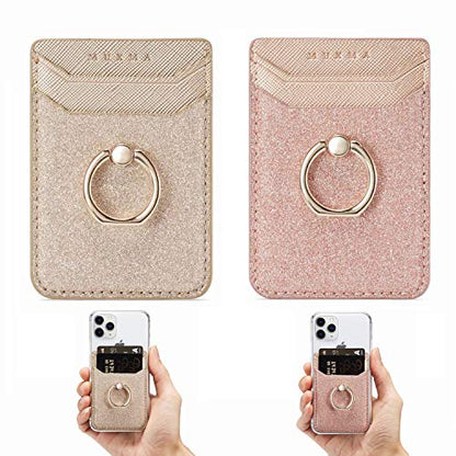 Card Holder Sleeve with Kickstand Ring for Women, 2 Pieces RFID Credit Wallet Glitter Stick On Back Grip for iPhone Samsung Smartphone - Pink + Gold - color: Pink + Gold