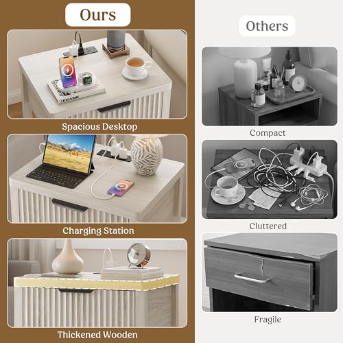 Night Stand Set 2, Fluted Wood Nightstands w/Charging Station for Bedroom - color: Grey White, size: 1 Drawer-Set of 2 Nightstand