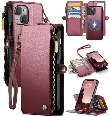for iPhone 14 - Phone Case Wallet Magnetic Detachable, Burgundy - color: Burgundy, size: iPhone 14