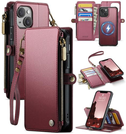 for iPhone 14 - Phone Case Wallet Magnetic Detachable, Burgundy - color: Burgundy, size: iPhone 14