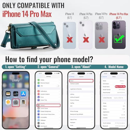 Strapurs Wallet Case Compatible with iPhone 14 Pro Max RFID Blocking 10-Card Holder Soft PU Leather Magnetic Snap Shoulder Strap Zipper Pocket Phone Case Fit for iPhone 14 Pro Max - Blue Green | RFID Blocking 10-Card Holder, Shoulder Lanyard, Wirst Strap,