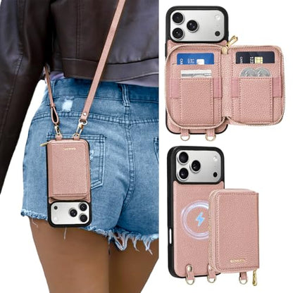 ORNARTO Magnetic Detachable Wallet Case for iPhone 17 Pro Max, Pink | Compatible with MagSafe, Crossbody Wallet Case with Card Holder Wrist Strap, RFID Blocking PU Leather Wallet Phone Cover 6.9” - color: Pink