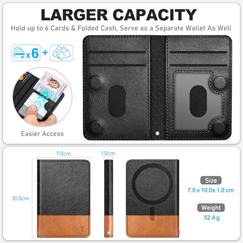 TUCCH Magnetic Card Wallet, 6 Card Holders, Textured Black & Light Brown | RFID Blocking, Compatible with Magsafe, for iPhone 17/17e/16/15/14/13/12 Pro/Pro Max/Plus, Clear ID Window, PU Leather - color: Textured Black & Light Brown