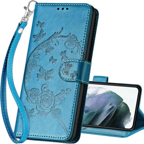 for Samsung Galaxy S22 Wallet case, Blue-Flower | 3 Card Holders, Kickstand, Shockproof TPU Shell, PU Leather, Magnetic Closure, Protective Flip Folio Cover, Women - color: 7