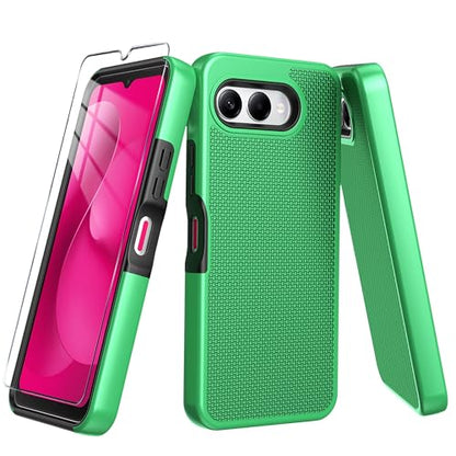 for T-Mobile REVVL 8 Phone Case with Tempered Glass Screen Protector,Dual Layer Heavy Duty Shockproof Protection Cover (Green) - color: Green