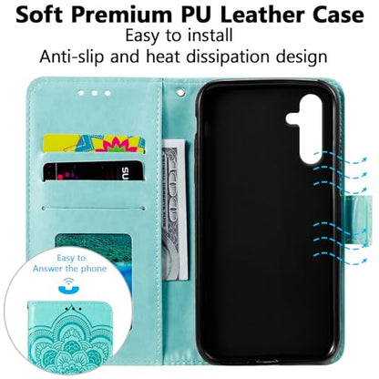 EYZUTAK Case for Samsung Galaxy S26, Premium Leather Magnetic Closure Flip Wallet Phone Case with Card Holder Cash Slot Stand Function Embossed Mandala Flower Shockproof Lanyard Cover - Green - color: Green, size: Samsung Galaxy S26