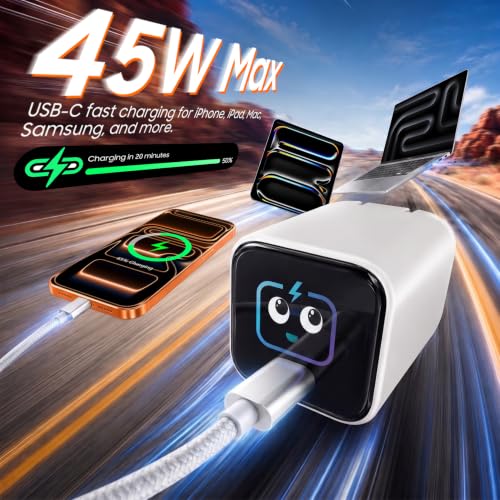 Smart Charging Butler–45W GaN Display Fast Charger with 5ft C-to-C Cable - color: White, size: 5FT