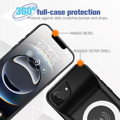 Battery Case for iPhone 16e, 10000mAh High Capacity Portable Charger Case, Rechargeable Smart Battery Pack Compatible with iPhone 16e 6.1 inch Charging, Support Wireless & Carplay - Black - size: iPhone 16e (6.1 inch)