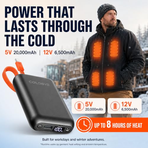 ColdBye 𝟐𝟎𝟎𝟎𝟎𝐦𝐀𝐡 Upgraded Rechargeable Power Bank with Built-in USB-C Cable for Heated Vests, Jackets, LED Strip, Breast Pump, Heated Camping Chair