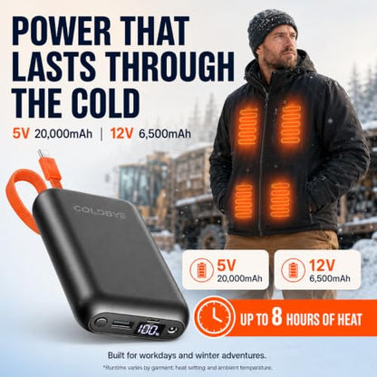 ColdBye 𝟐𝟎𝟎𝟎𝟎𝐦𝐀𝐡 Upgraded Rechargeable Power Bank with Built-in USB-C Cable for Heated Vests, Jackets, LED Strip, Breast Pump, Heated Camping Chair