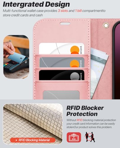 OCASE for iPhone 16 Case Detachable Wallet Case with Card Holder, 2 in 1 Pu Leather Flip Folio with RFID Blocking Stand Wrist Strap Shockproof Phone Cover 6.1 Inch 2024, Light Pink | Removable magnetic case, with hand strap, wireless charging, card slot,