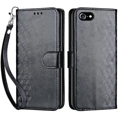 for iPhone SE 2022/7/8/SE 2020 Wallet case, Black-Cube | 3 Card Holders, Kickstand, Shockproof TPU Shell, PU Leather, Magnetic Closure, Protective Flip Folio Cover, Women - color: 4