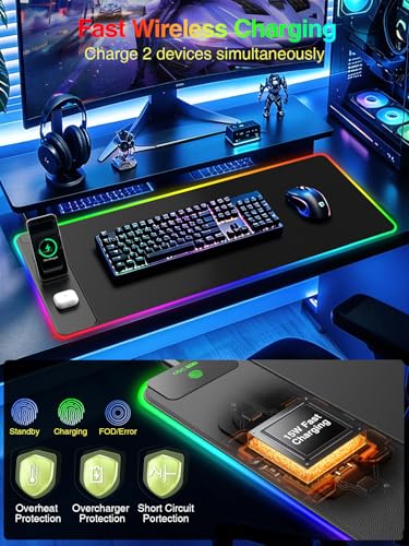 Wireless Charging Mouse Pad with Magnetic Phone Stand, 31.5"x15.8" Large - color: RGB-Mag Stand