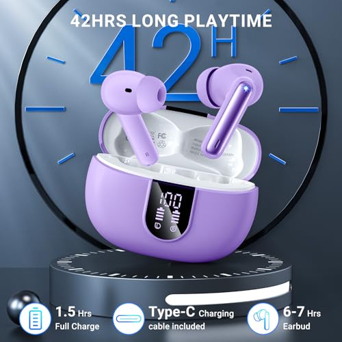 Wireless Earbuds, 2025 Wireless Headphones HiFi Stereo Earphones with 4 ENC Noise Canceling Mic, 42Hs Playtime In Ear Earbud, Bluetooth 5.3 Sport Earphones with LED Power Display for Android iOS - color: Purple