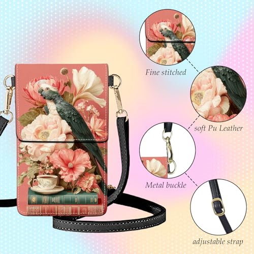 Small Crossbody Bags for Women Touchscreen Cell Phone Bag Cross Body Purses with adjustable Strap,Gifts For Teenage Girls - color: Pink Parrot and Flowers