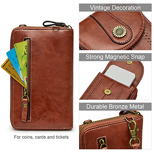 S-ZONE Women RFID Blocking Crossbody Cell Phone Purse PU Leather Wallet | Card Slots, Anti-theft, Multi Pockets, Detachable Adjustable Strap, Small, Travel Eveyday Shopping Outing - color: Brown