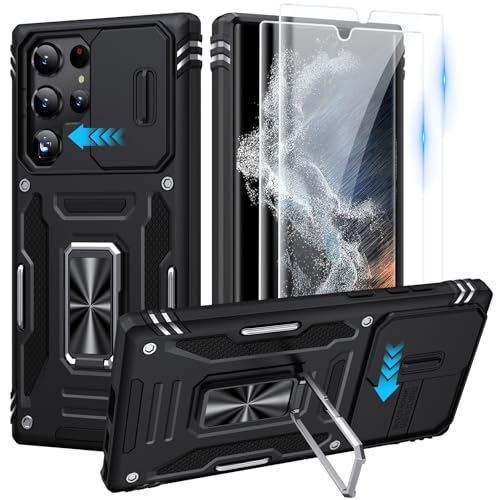 for Samsung Galaxy S22 Ultra Case with 2 PCS HD Screen Protector, Military Grade Drop Protection Metal 360 ° Rotating Ring Kickstand Slide Camera Cover, Shockproof for Galaxy S22 Ultra Case, Black | 2 PCS HD Screen Protector, Magnetic Metal 360 ° Rotating